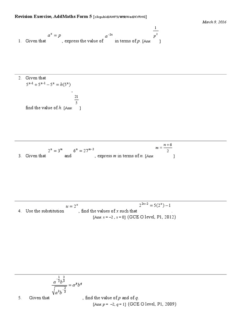 Revision Addmaths Form 5 2016 | PDF