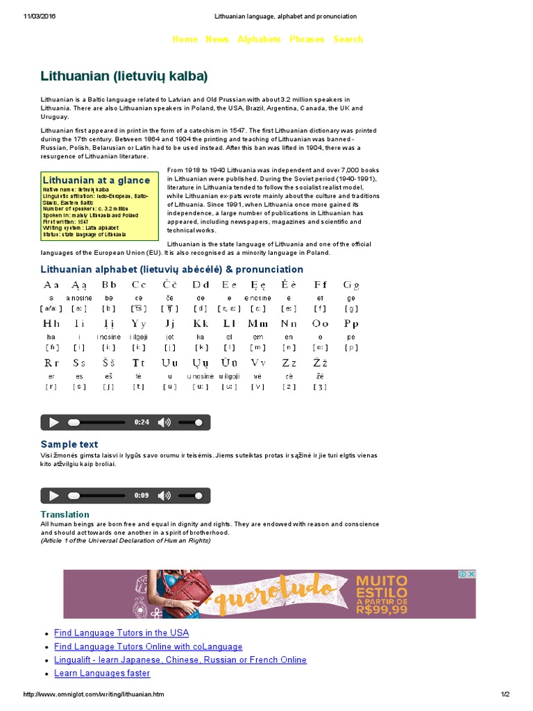 Lithuanian Language, Alphabet and Pronunciation | PDF