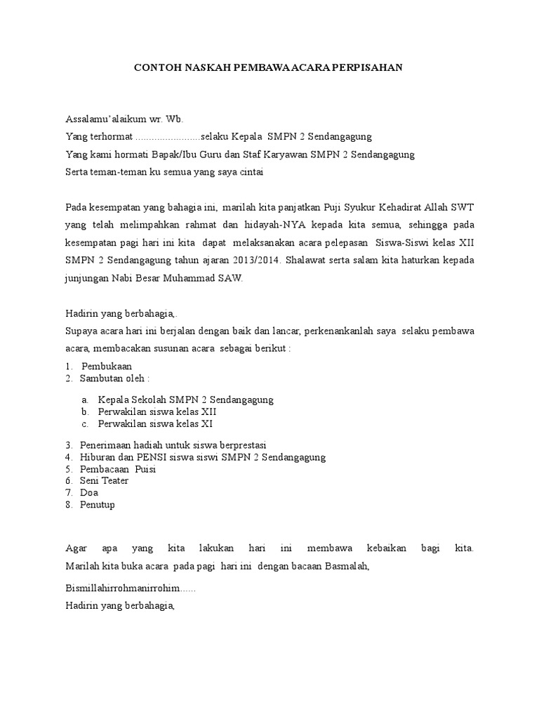 Contoh Naskah Pembawa Acara Perpisahan