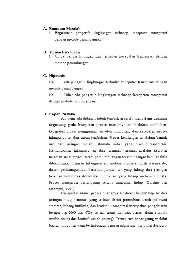 Kecepatan Transpirasi Air Pada Tanaman Pacar Air