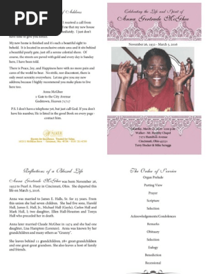 Anna McGhee Funeral Program