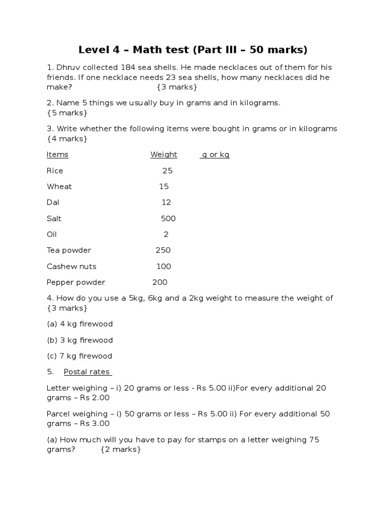 Level 4 Math Test: Weight and Measurement | PDF