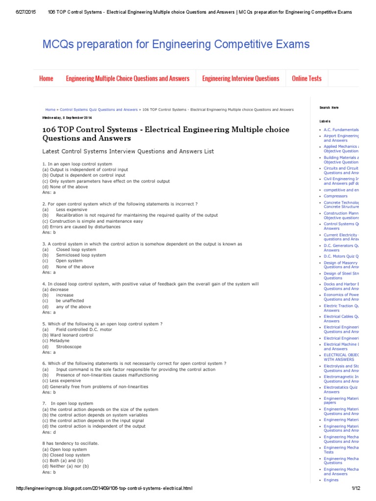 106 TOP Control Systems Electrical Engineering Multiple Choice