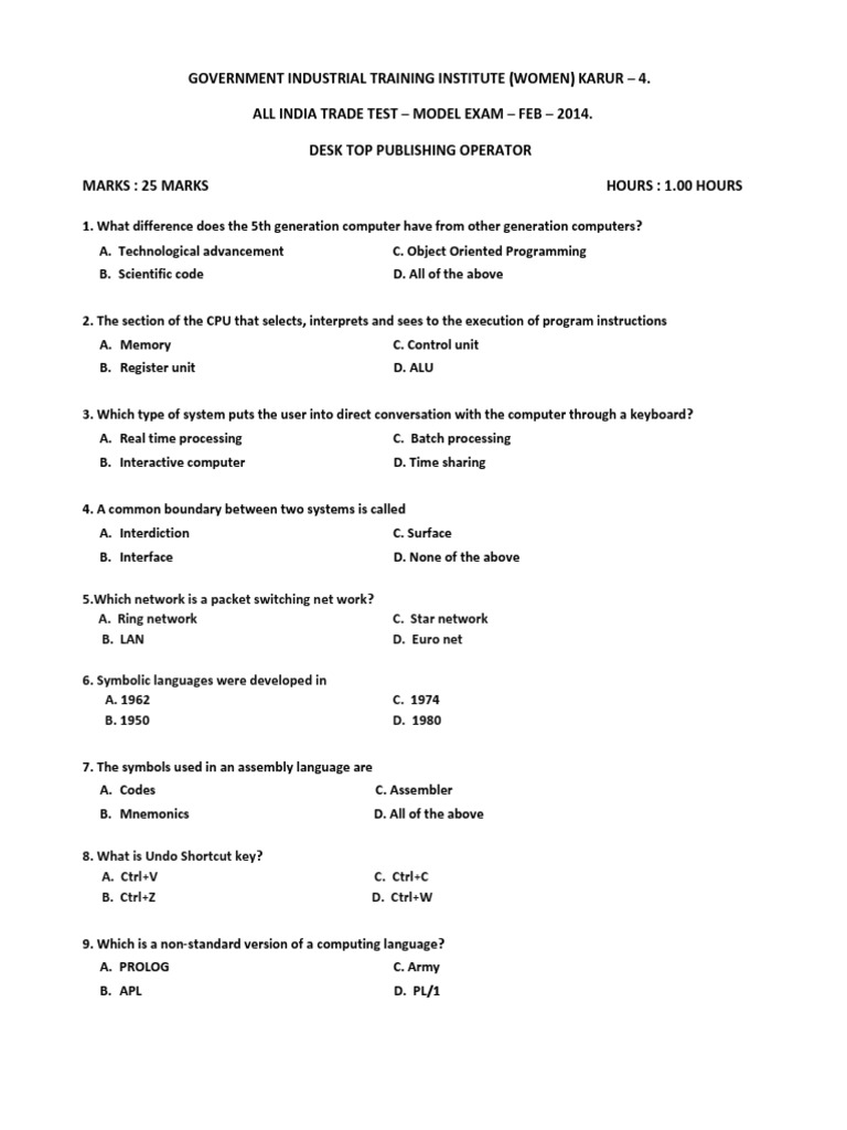 DTP Operator ITI Exam Model Questions | PDF | Computer Program ...