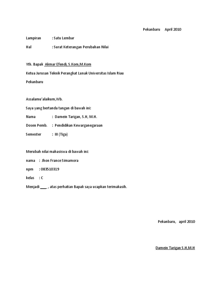 Contoh Surat Permohonan Perbaikan Nilai