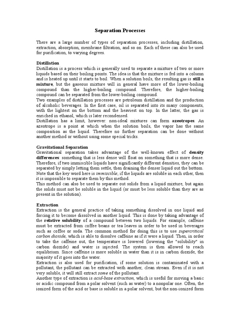 Separation Processes Summary | PDF | Distillation | Solubility