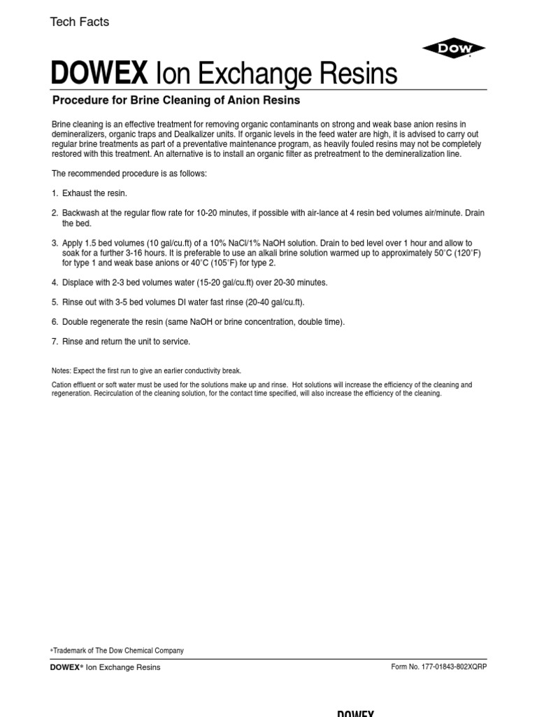 Brine Cleaning Procedure for Anion Resins | PDF | Chemistry | Materials