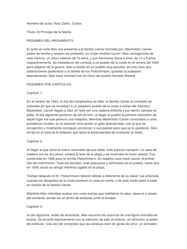 El Principe De La Niebla Resumen Por Capitulos