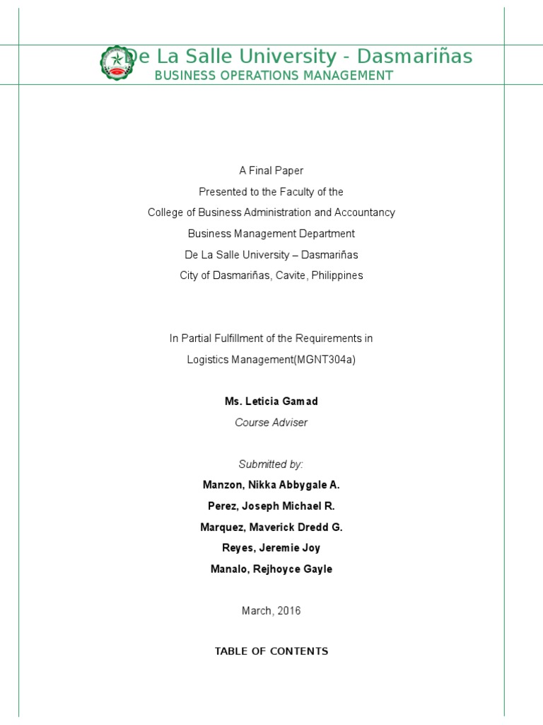 DLSU-D Business Operations Management Paper | PDF
