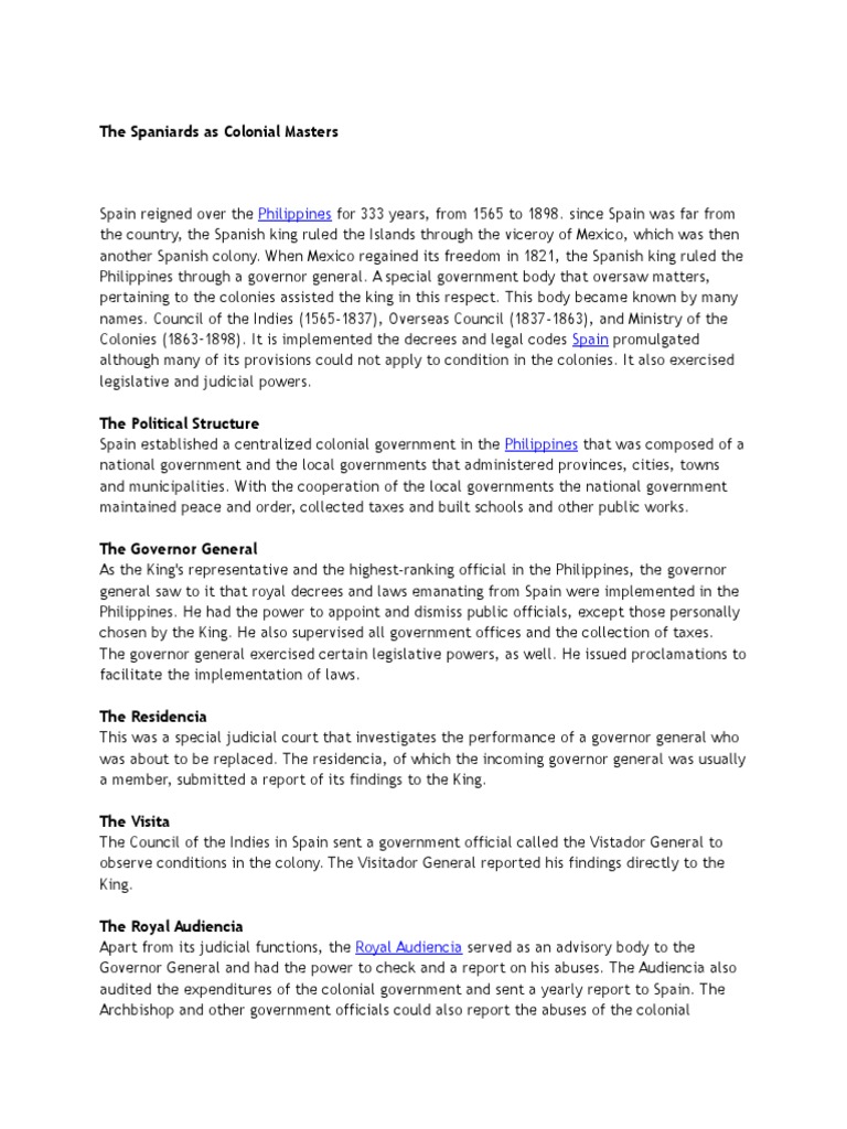 The Spaniards As Colonial Masters PDF Governor Local Government