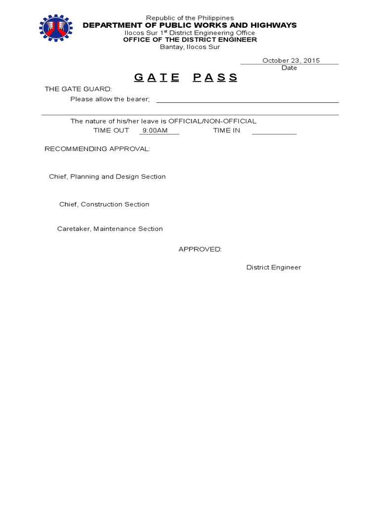 Gate Pass Form PDF