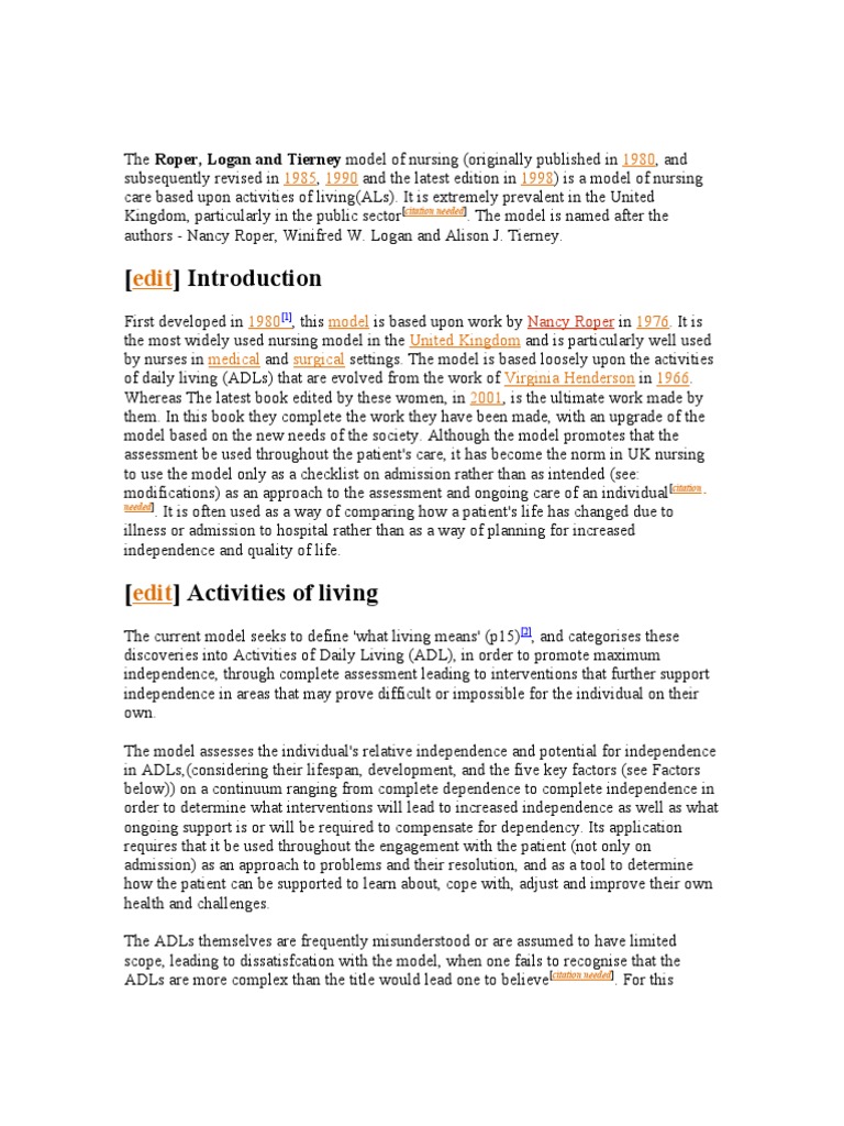 Roper-Logan-Tierney Nursing Model Overview | PDF | Surgery | Health Care
