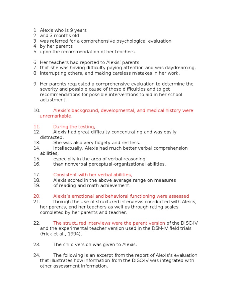 Alexis's Background, Developmental, and Medical History Were Unremarkable 11. During The Testing