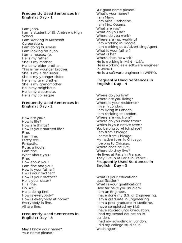 Frequently Used English Sentence PDF Leisure Business
