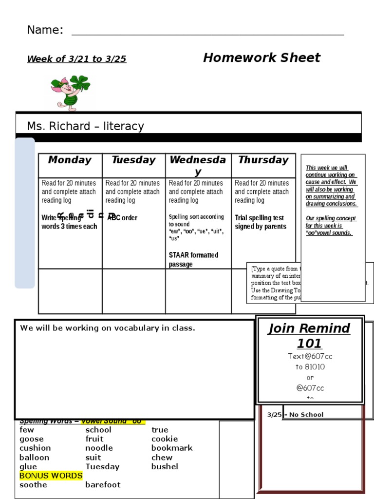 Weekly Literacy Homework Plan | PDF