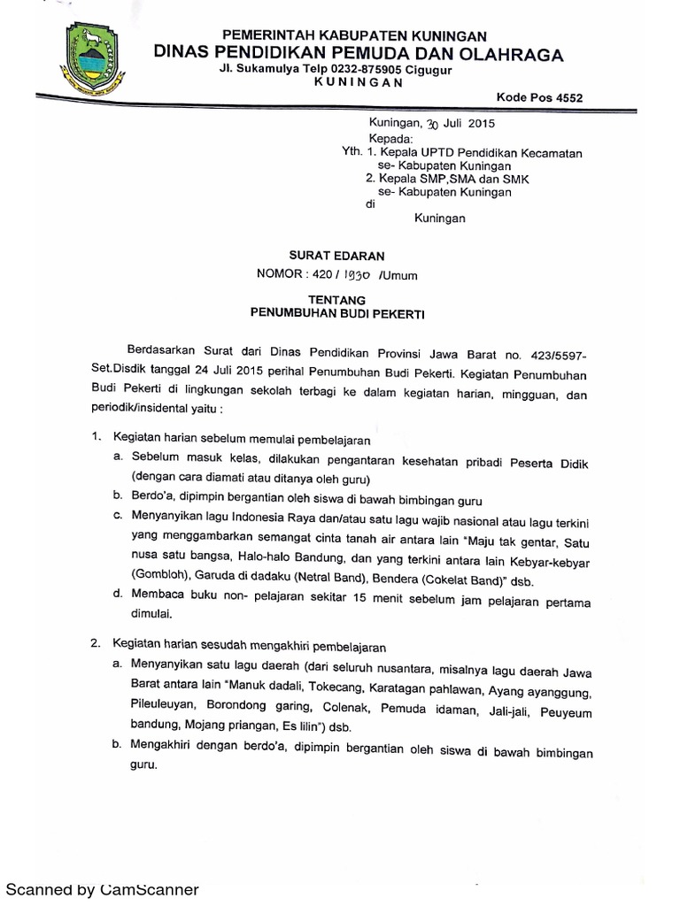 Surat Edaran Penumbuhan Budi Pekerti