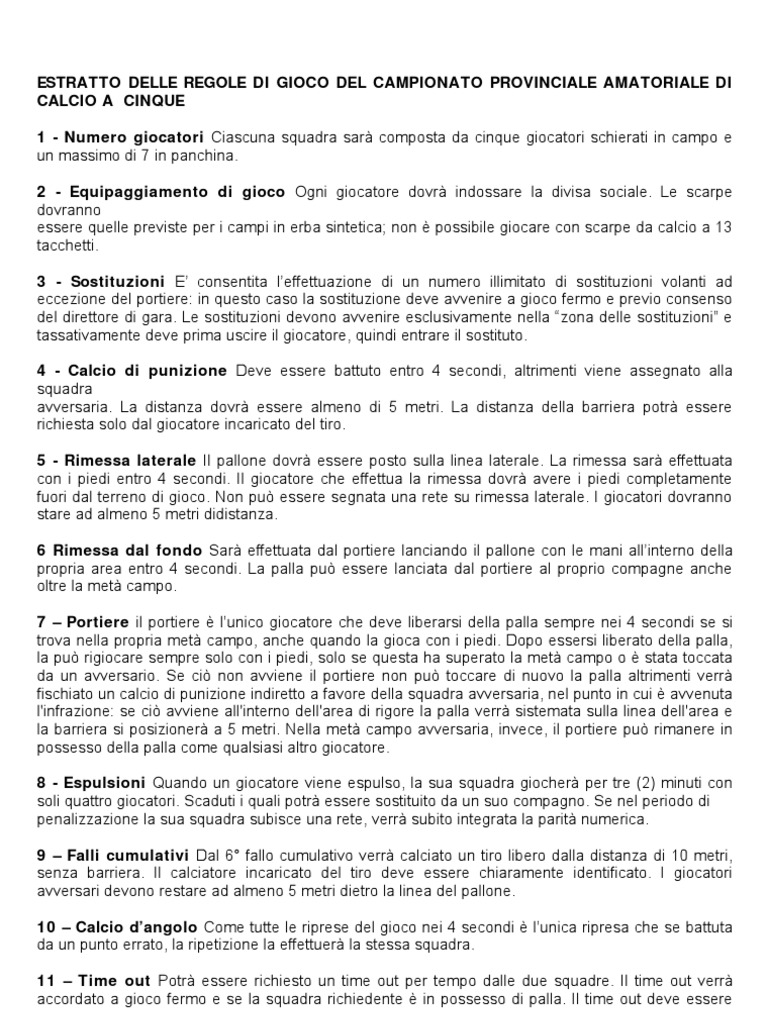 Estratto Regole Calcio a 5