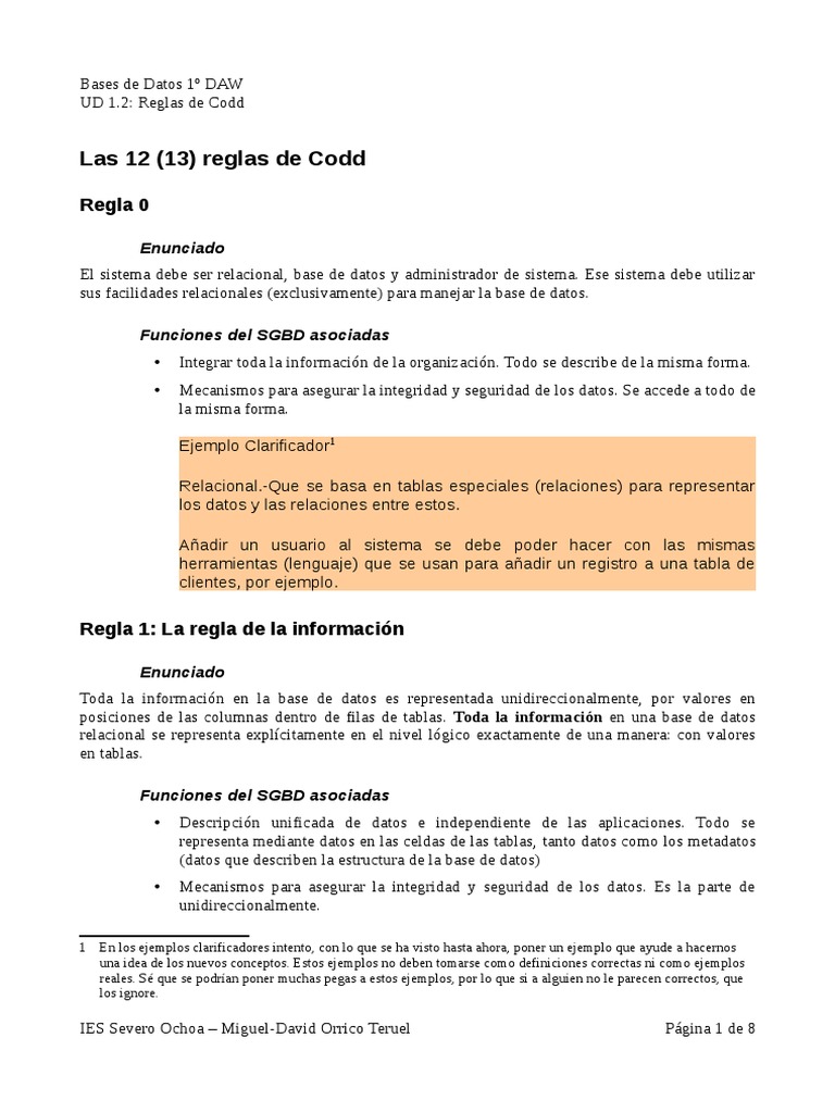 Reglas de Codd en SGBD Relacionales | PDF | Modelo relacional | Bases ...