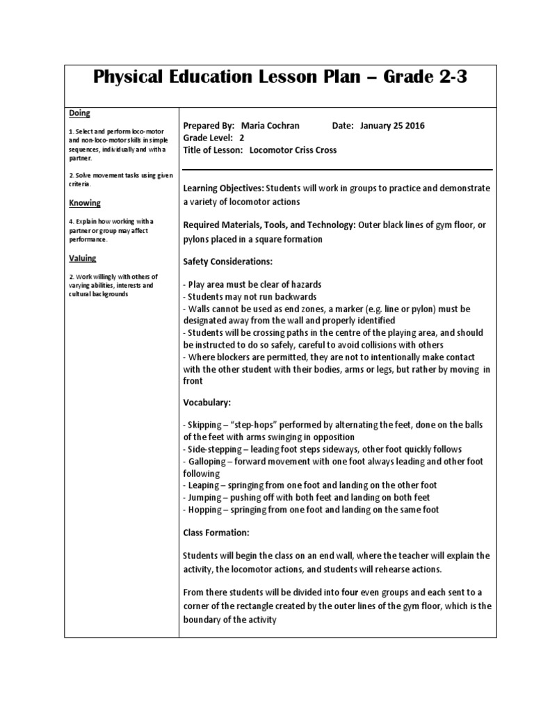 Locomotor Lesson Plan Physical Education Animal Locomotion