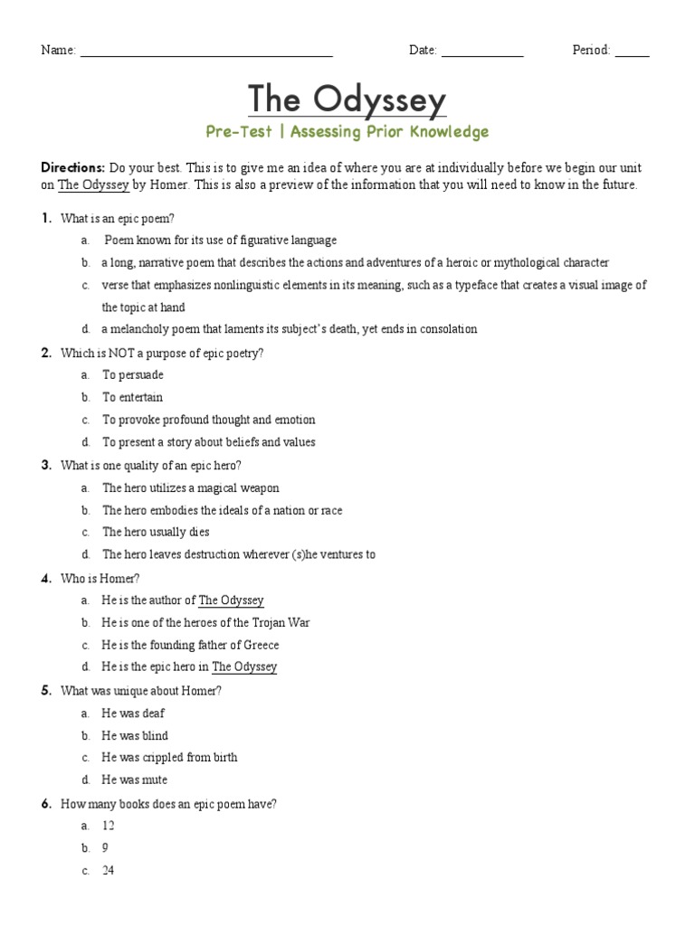 The Odyssey Test And Answers – The Odyssey QUESTIONS AND ANSWERS ...