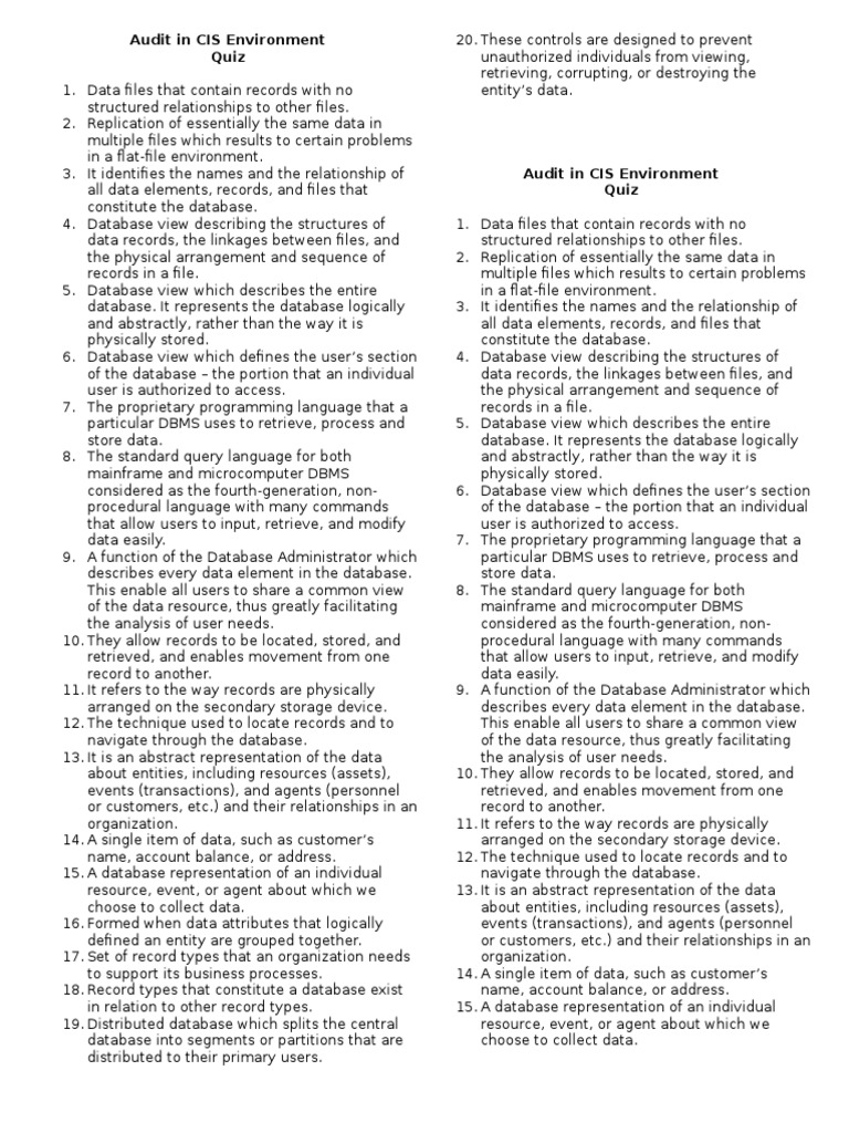 CIS Environment Audit Quiz Guide | PDF | Databases | Computer File