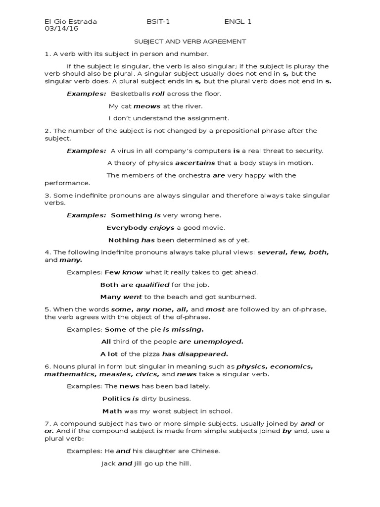Subject-Verb Agreement Rules | PDF | Grammatical Number | Plural