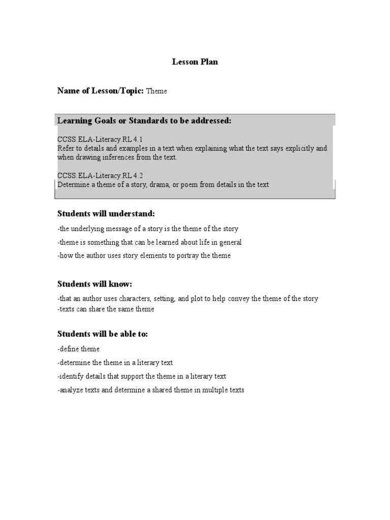 4th Grade Theme Lesson Plan | PDF | Educational Assessment ...