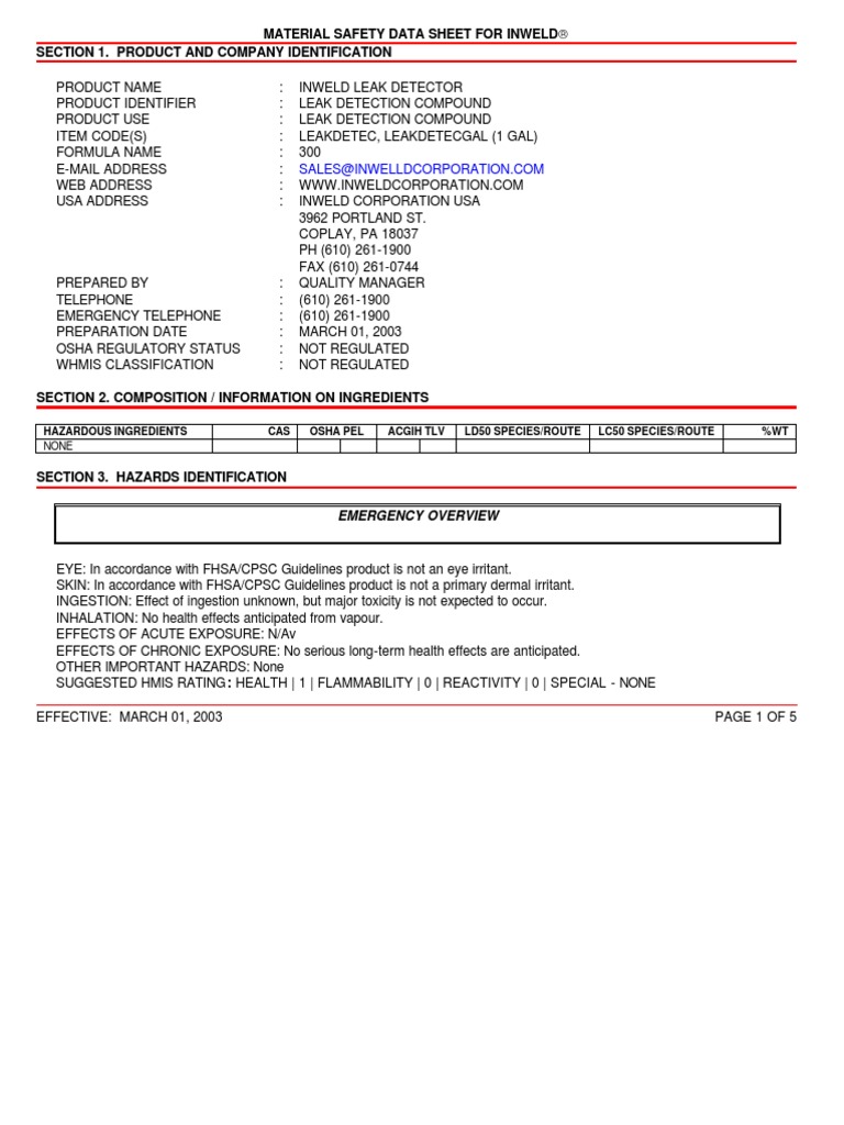 Leak Detector MSDS Download Free PDF Toxicity Dangerous Goods