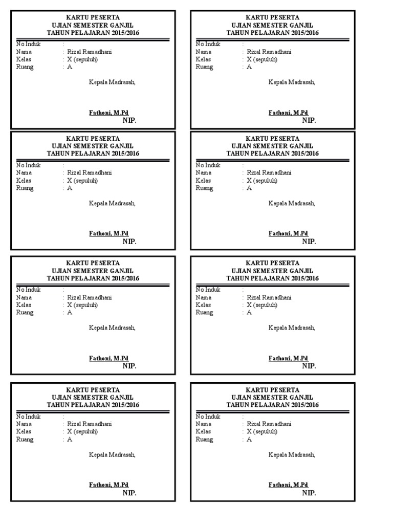 Kartu Ujian Semester 1