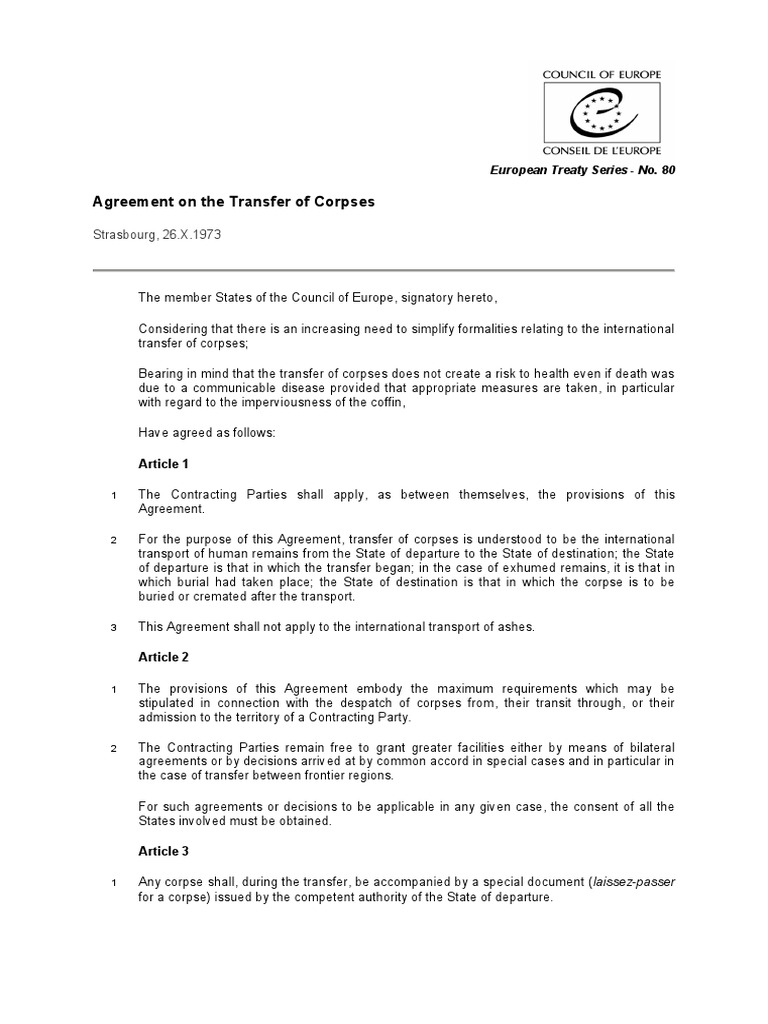 Agreement on Transfer of Corpses | PDF | Ratification | Burial
