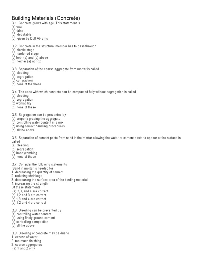 Concrete Properties and Testing Quiz | PDF | Technology & Engineering