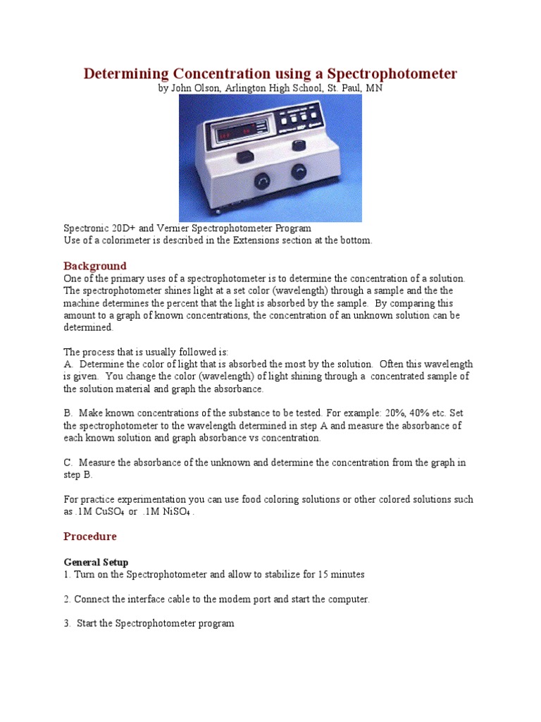 Determining Concentration Using a Spectrophotometer Spectrophotometry