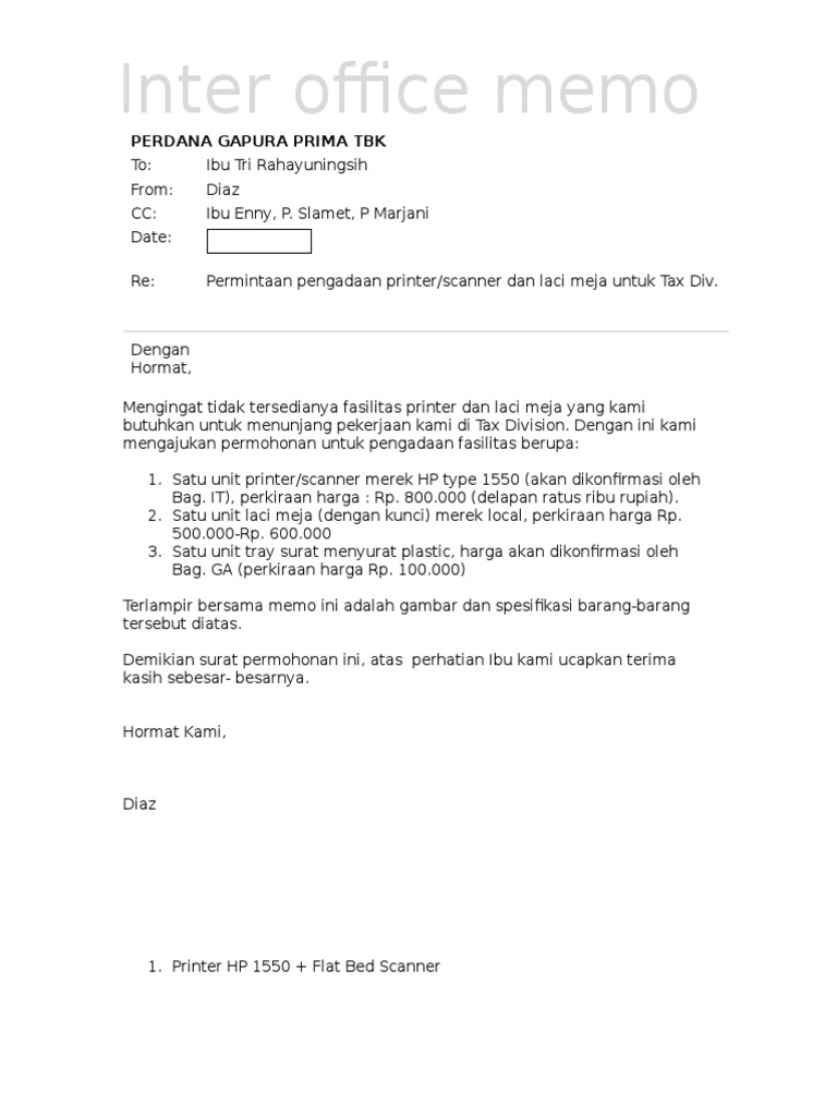 Contoh Surat Permintaan Pengadaan Printer