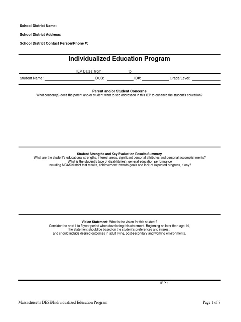 Individualized Education Program School District Name School District