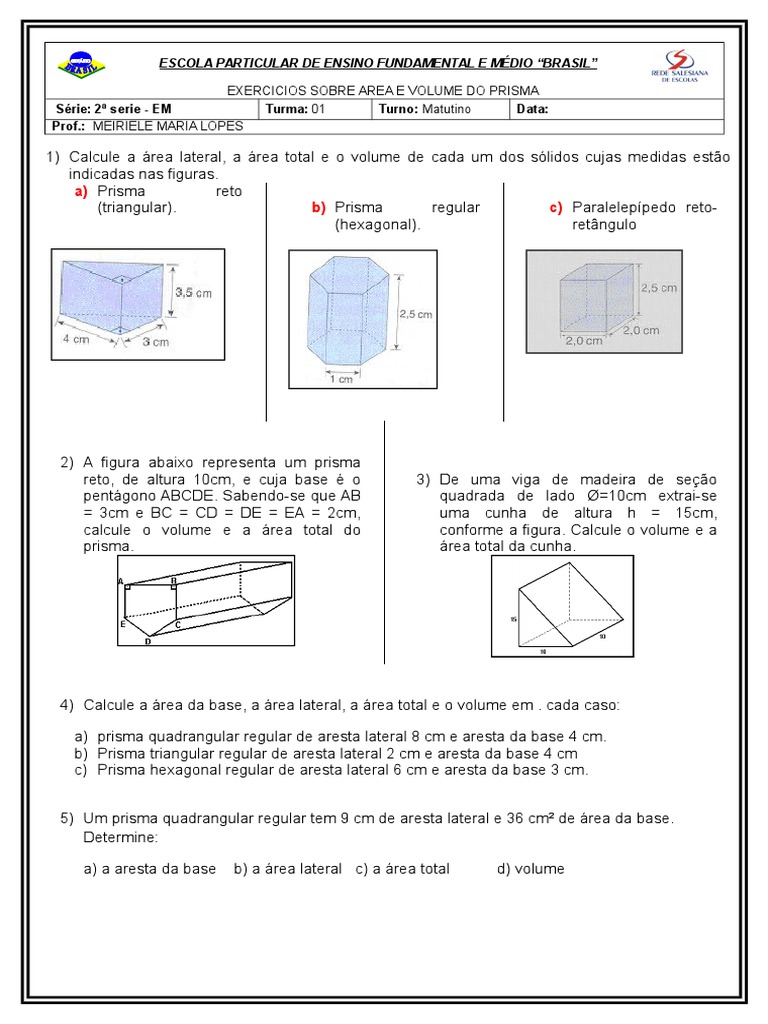 Planilha De Area De Superficie De Prisma Retangular Grátis: Áreas