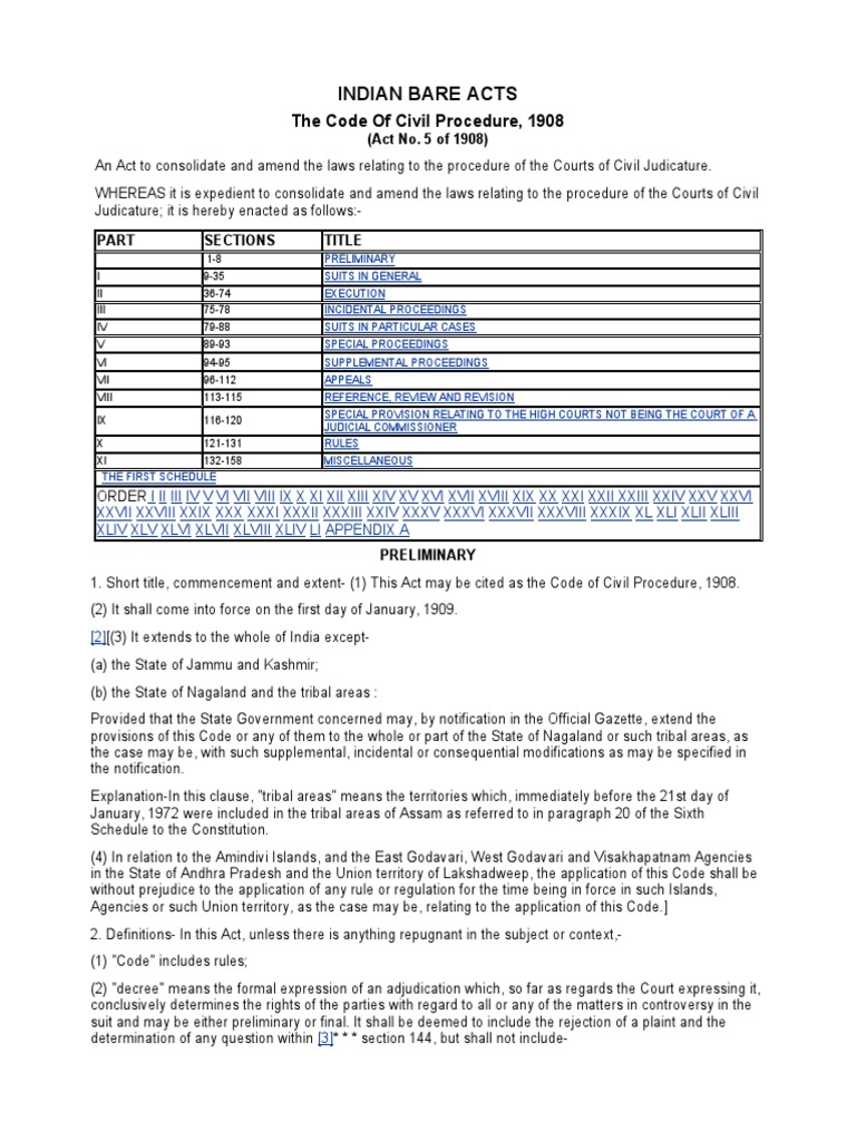 Indian Bare Acts: The Code of Civil Procedure, 1908 | PDF | Lawsuit ...