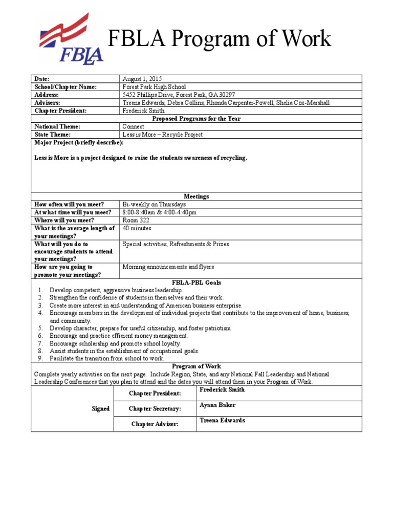 2015 Fphs Fbla Program of Work2 | PDF | Schools | Students