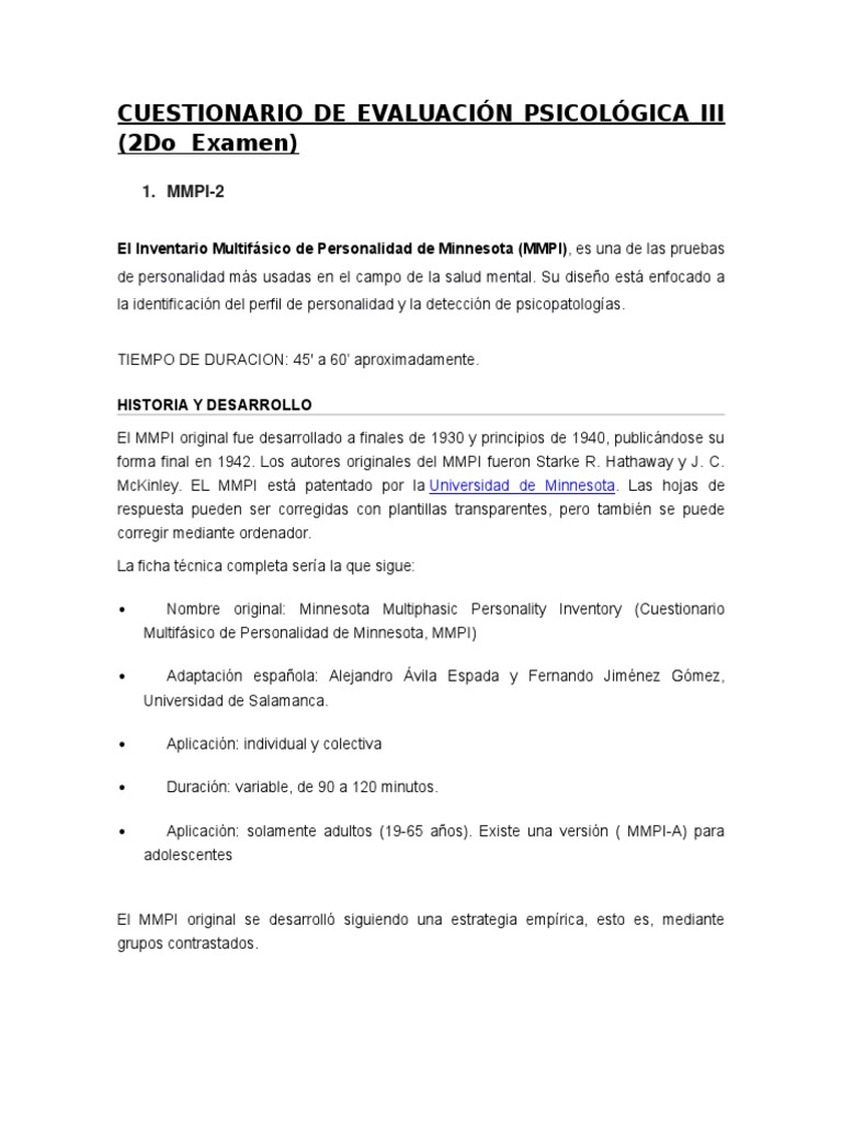 MMPI2 y WAISIII Cuestionario PDF Escala de