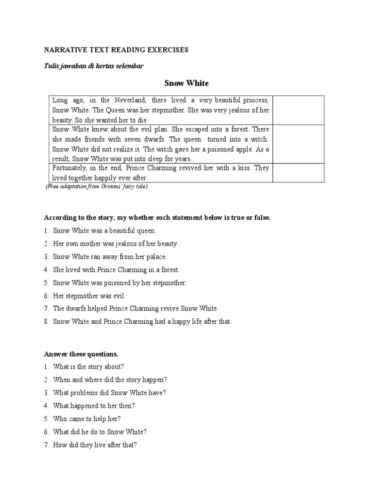 Narrative Text Reading Exercises Snow White