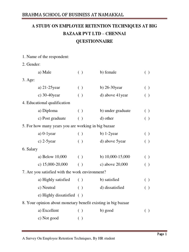 Employee Retention Techniques Questionnaire | Employee Retention ...