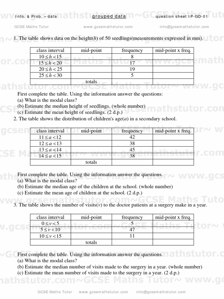 Grouped Data Worksheets, Information Analysis From GCSE Maths With Regard To Measures Of Central Tendency Worksheet