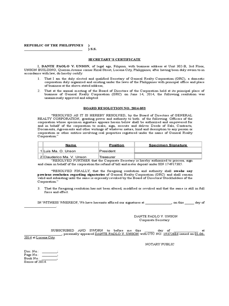 Secretary Certificate Sample For Lto US Legal Forms