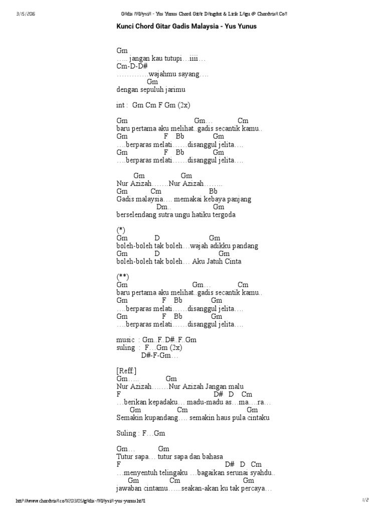 Gadis Malaysia Yus Yunus Chord Gitar Dangdut Lirik Lagu At Chordvisa Pdf