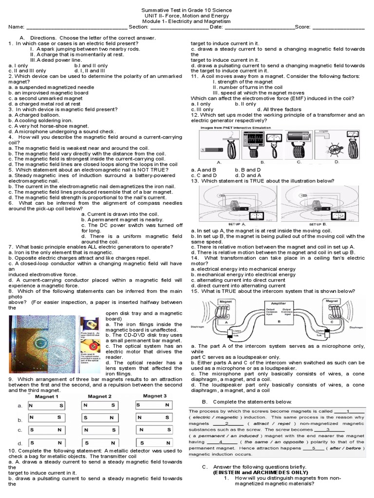 Grade 10 Science Q2 Summative Test | PDF | Magnetic Field | Electric Charge
