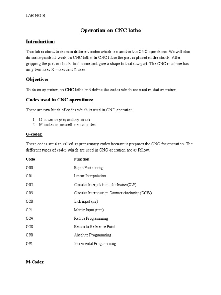 CNC G & M Codes in Machining Introductory Lab Report PDF