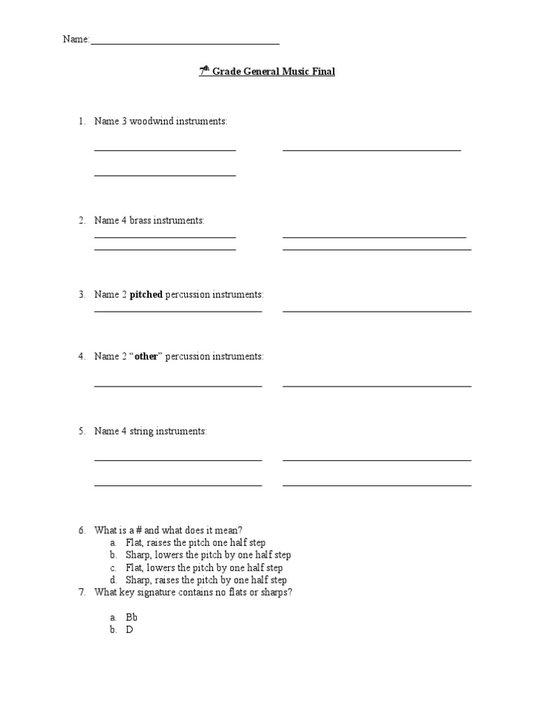 7th Grade Music Final Exam Questions | PDF