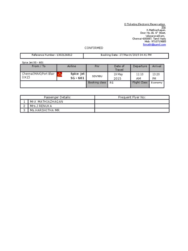 SpiceJet Electronic Ticket Confirmation | PDF