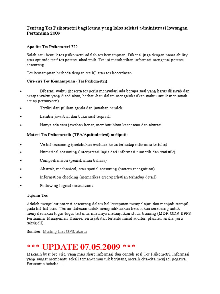 Tentang Tes Psikometri Bagi Kamu Yang Lolos Seleksi Administrasi Lowongan Pertamina 2009