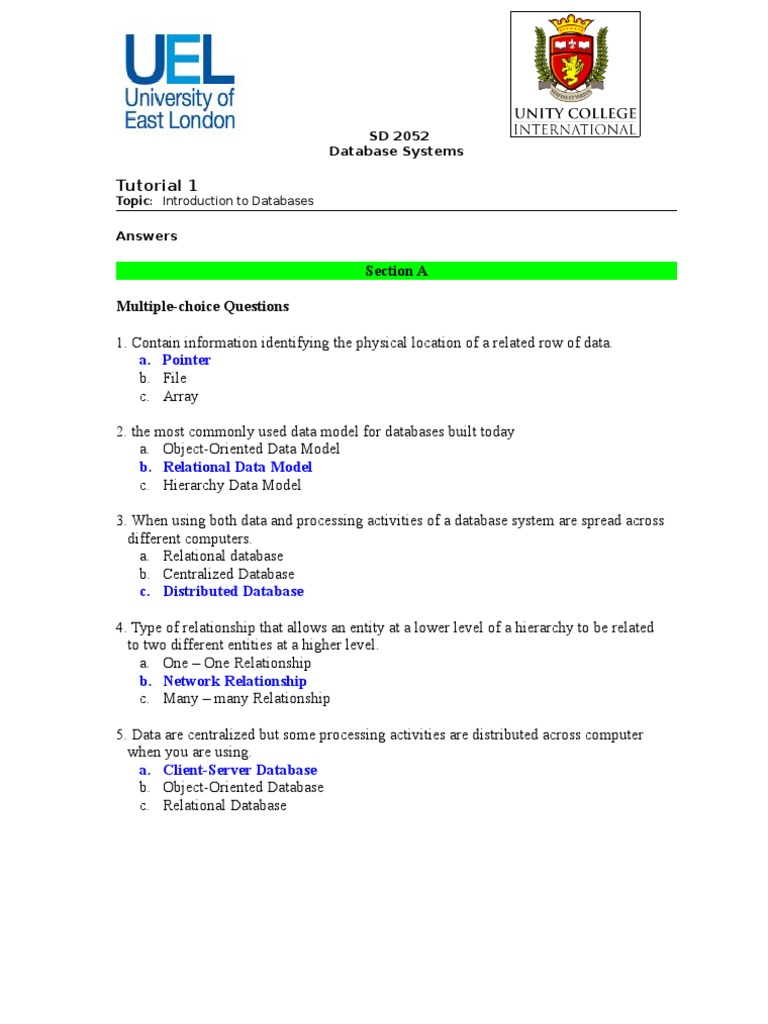 Tutorial - 01 Sol (SD 2052) | PDF | Relational Database | Databases