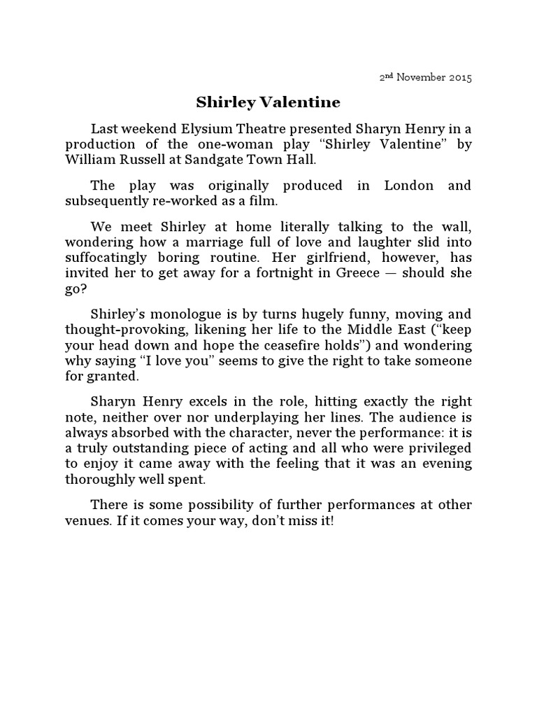 "Shirley Valentine" Review: Elysium Theatre | PDF | Art | Poetry